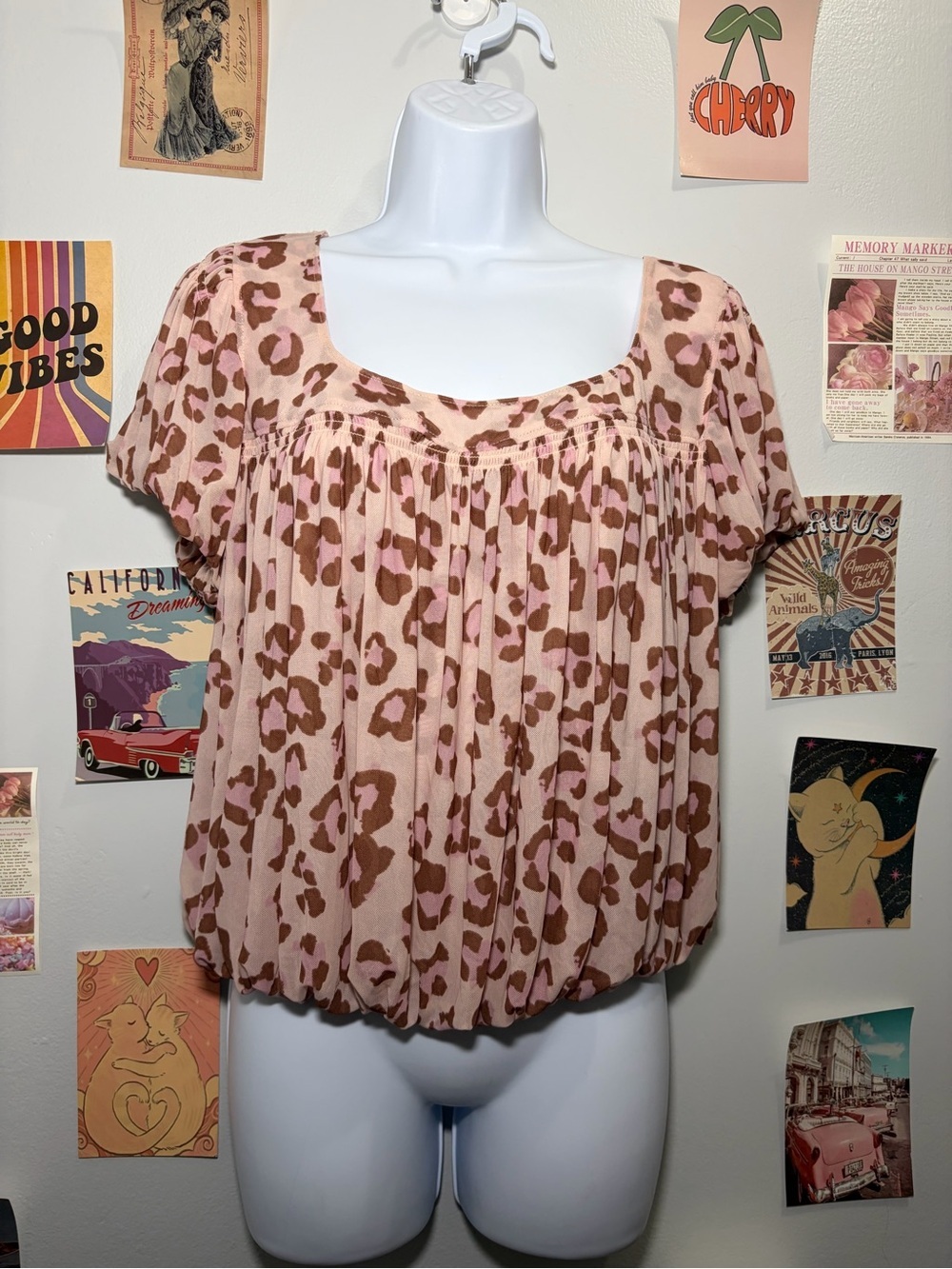 Free People Pink and Brown Leopard-Print Peasant Blouse